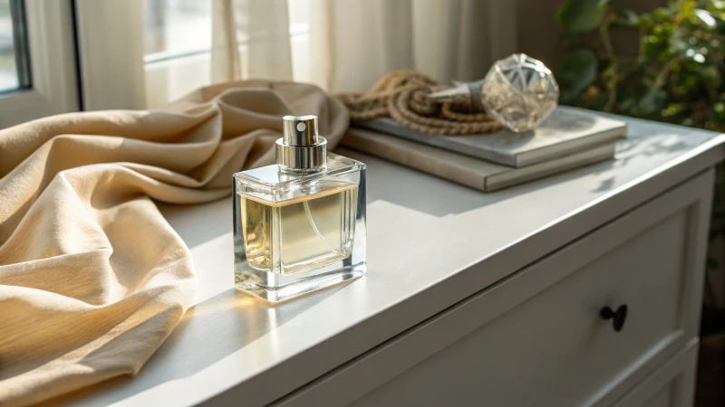 A sleek travel perfume bottle on a dresser