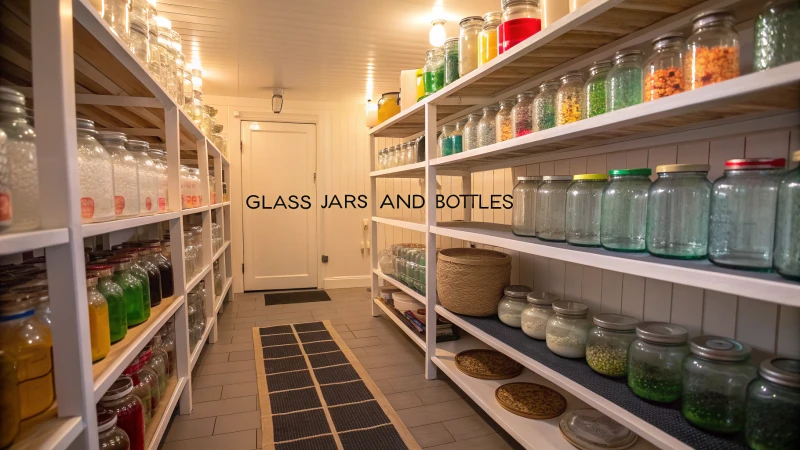 Organized storage area with glass jars and bottles on shelves