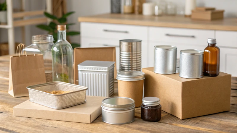 Aesthetic display of various packaging materials on a wooden table