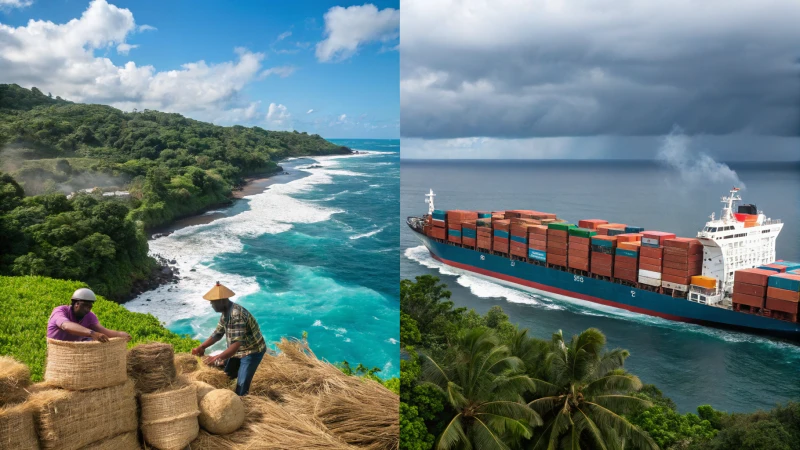 A split scene depicting local factory workers and a cargo ship at sea