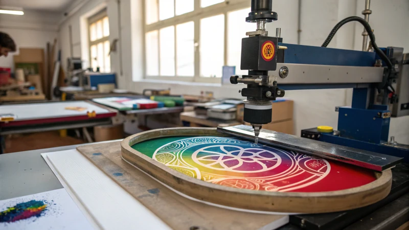 A pad printing machine applying a logo to a curved object in a workshop