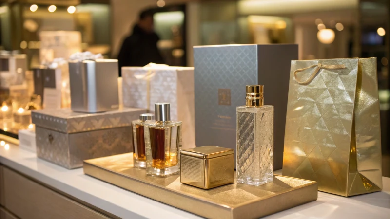 A sophisticated arrangement of premium packaging materials including glass bottles and metallic boxes.