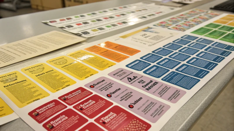 A variety of printed labels showcasing different printing techniques on a neutral table.