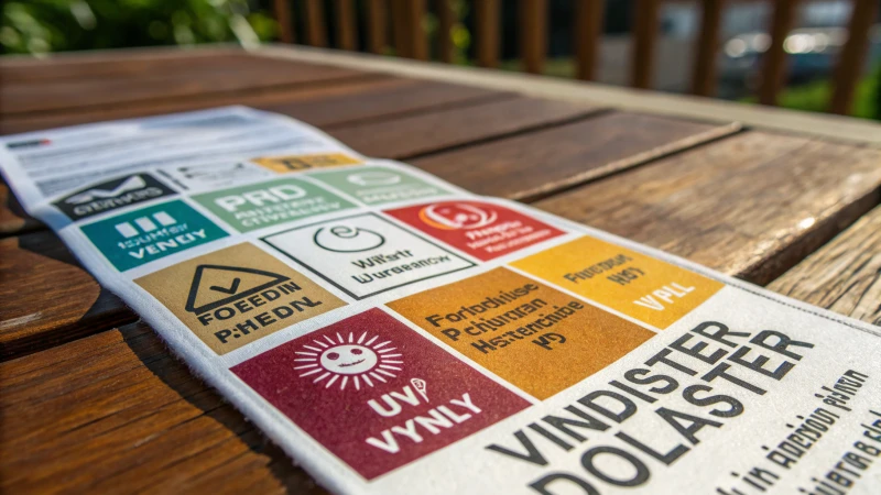 Close-up of product labels on a table with sunlight exposure