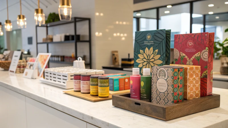 Display of diverse product packaging on a modern countertop