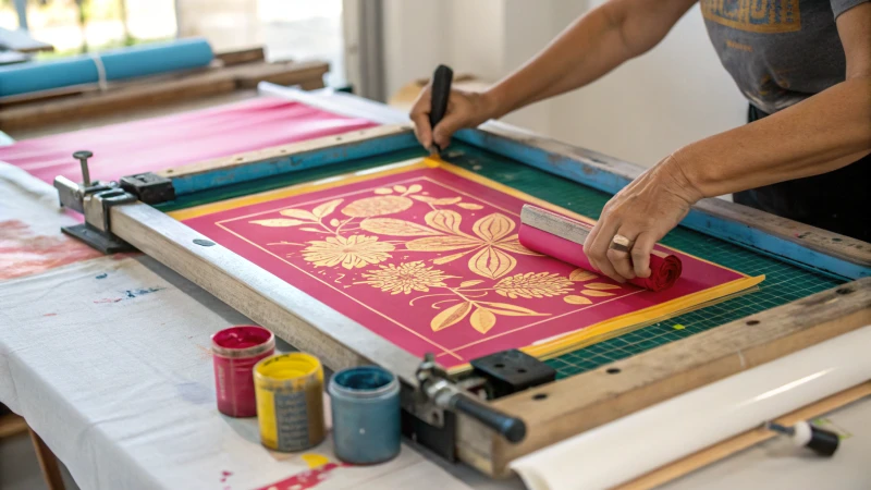 Close-up of screen printing process on fabric