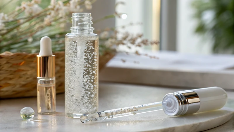 A pipette dropper and roll-on gel bottle on a blurred background