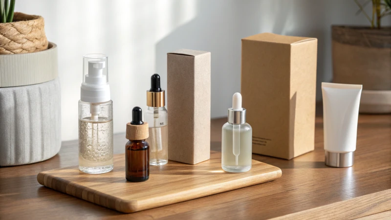 A modern display of serum packaging materials on a wooden surface.