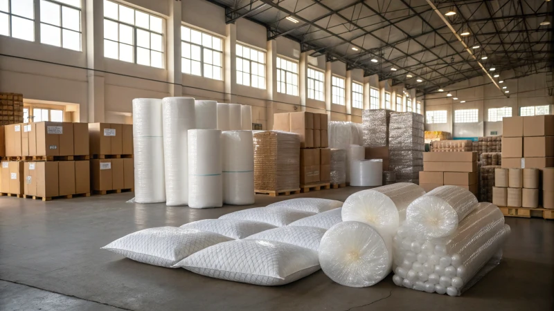 A well-organized shipping warehouse with cushioning materials