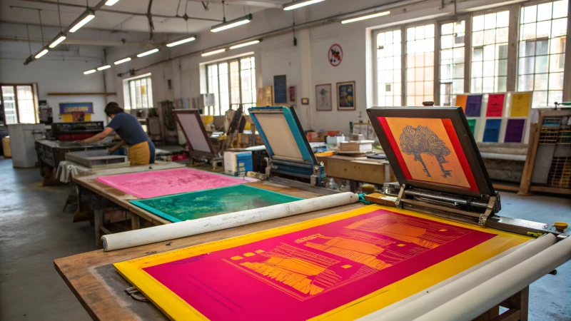 A vibrant silkscreen printing workshop with colorful inks and fabric being printed.