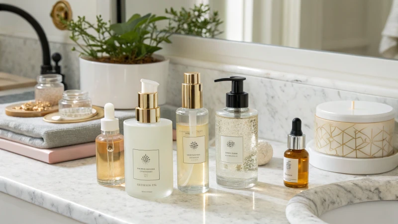 Elegant display of skincare products on a marble countertop