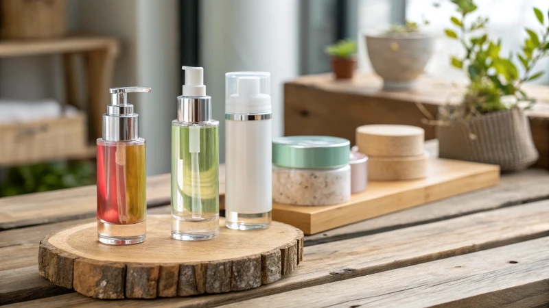 Display of various skincare packaging designs on a wooden table