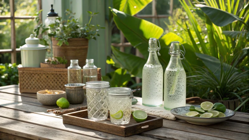 Photorealistic display of soda-lime glass products on a wooden table