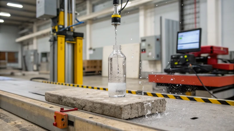 A glass bottle suspended in mid-air above a concrete surface in a laboratory.