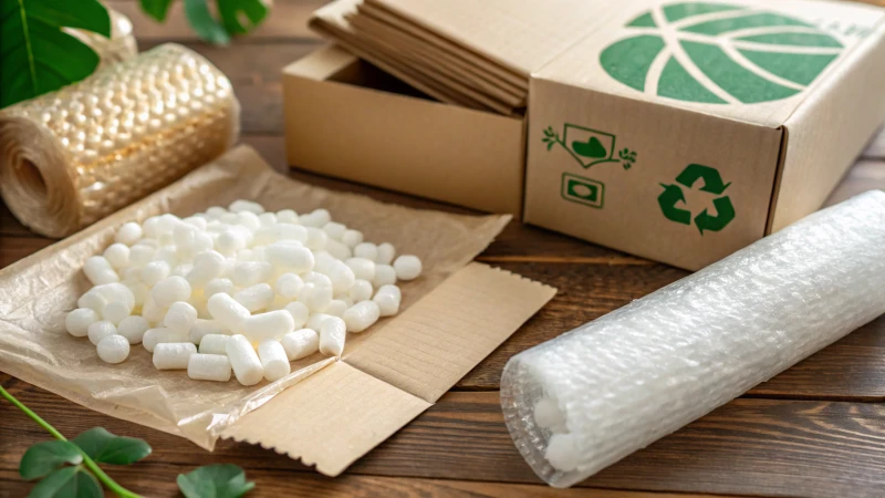 Close-up of various sustainable packaging materials on a wooden table