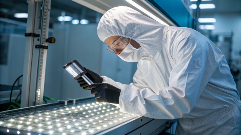 A technician examining a glass dropper in a cleanroom setting