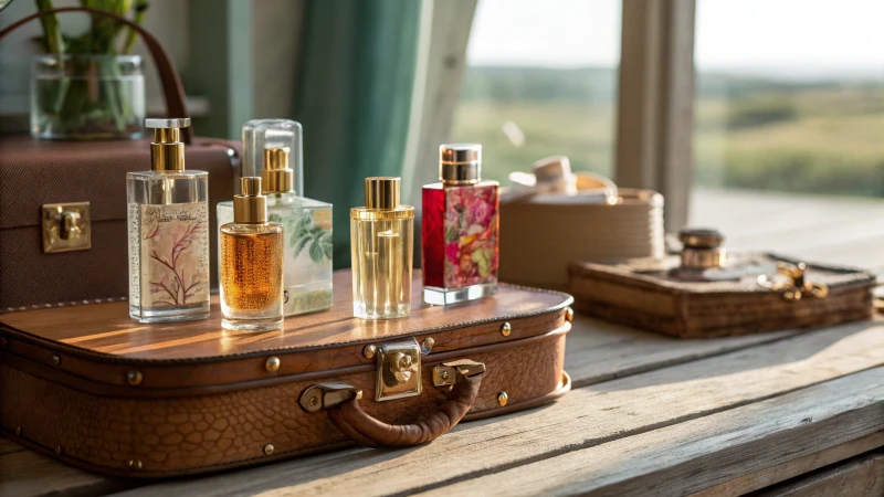 A collection of travel perfume bottles on a rustic wooden table