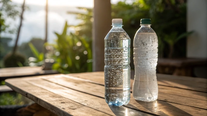 A clear glass bottle of water next to a cloudy plastic bottle on a wooden table