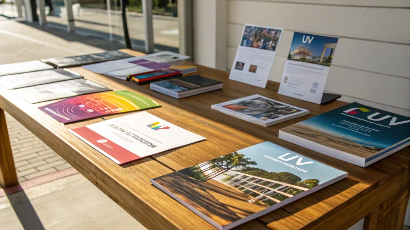 A collection of vibrant UV printed materials on a wooden table