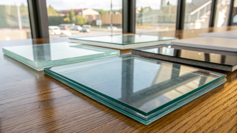 Close-up of various UV-resistant glass samples on a wooden table