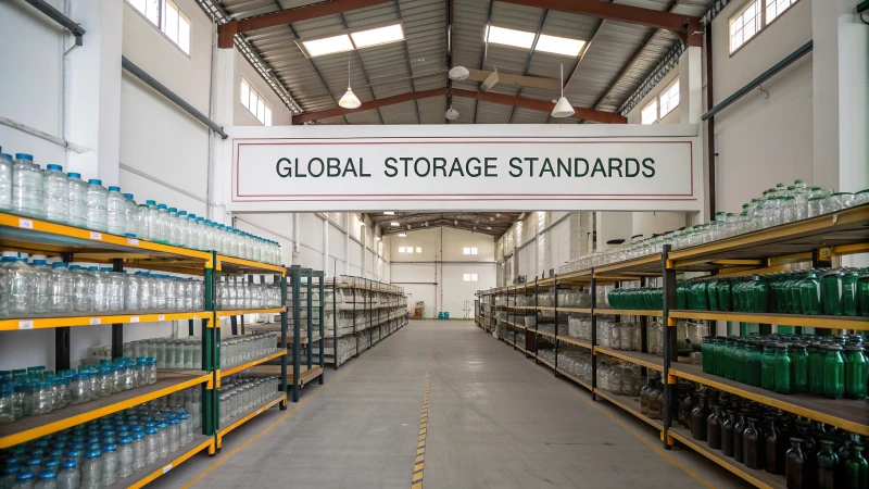 A spacious warehouse with shelves of glass products.