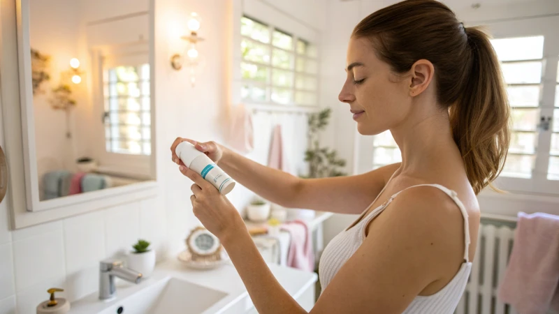 A woman applying roll-on deodorant in a modern bathroom