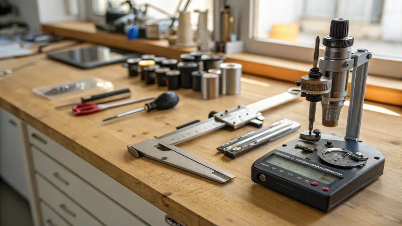 A workshop scene with inspection tools on a workbench