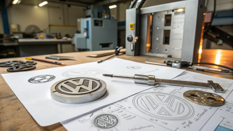 A workspace scene for designing an embossed logo mold with tools and sketches.